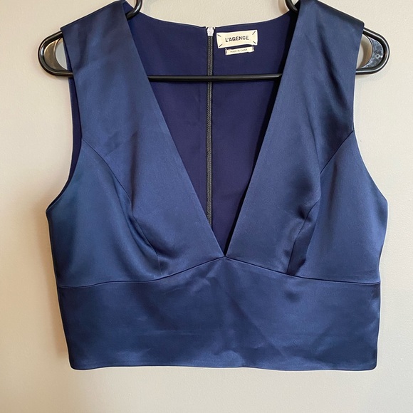 L'AGENCE Tops - L’Agence Satin Crop Top Plunge Neckline Royal Blue Back Zipper Size 8